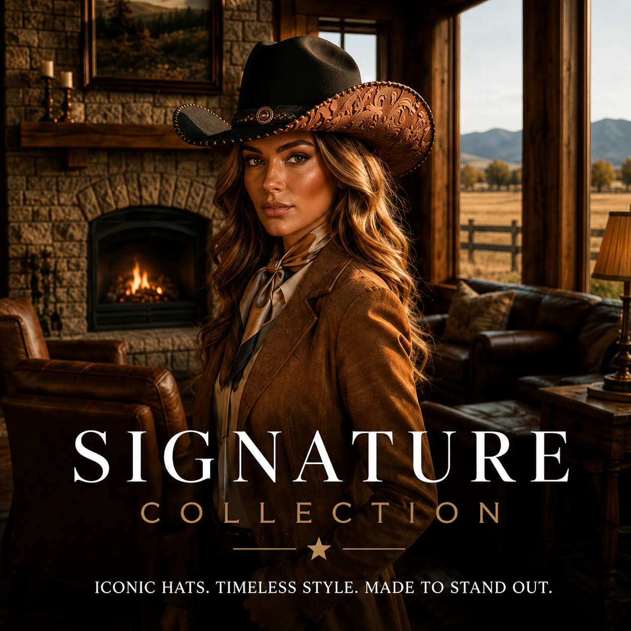 A woman in a black blazer wearing a black cowboy hat with a brown tooled brim and a decorative band, photographed against a plain beige studio background.