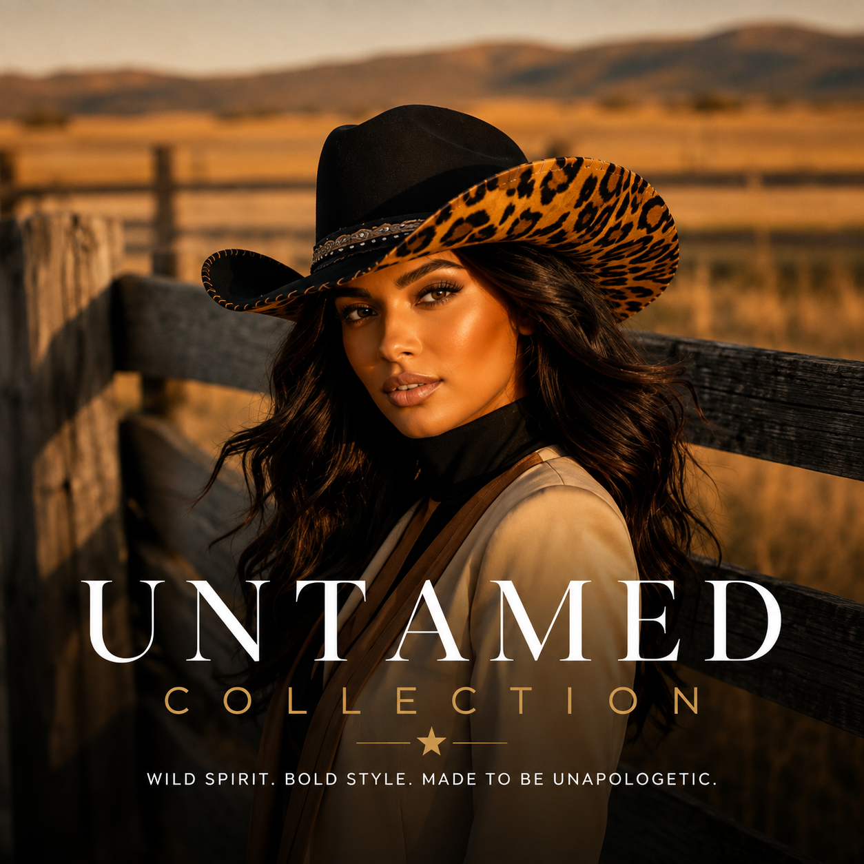A woman in a brown jacket and cream neck scarf wears a cream cowboy hat with brown spots and a silver band, posed outdoors at sunset with a wooden fence in the background. Text at the bottom reads 'ARTISAN CRAFTED WESTERN HATS DEFINE YOUR AUTHENTIC STYLE.