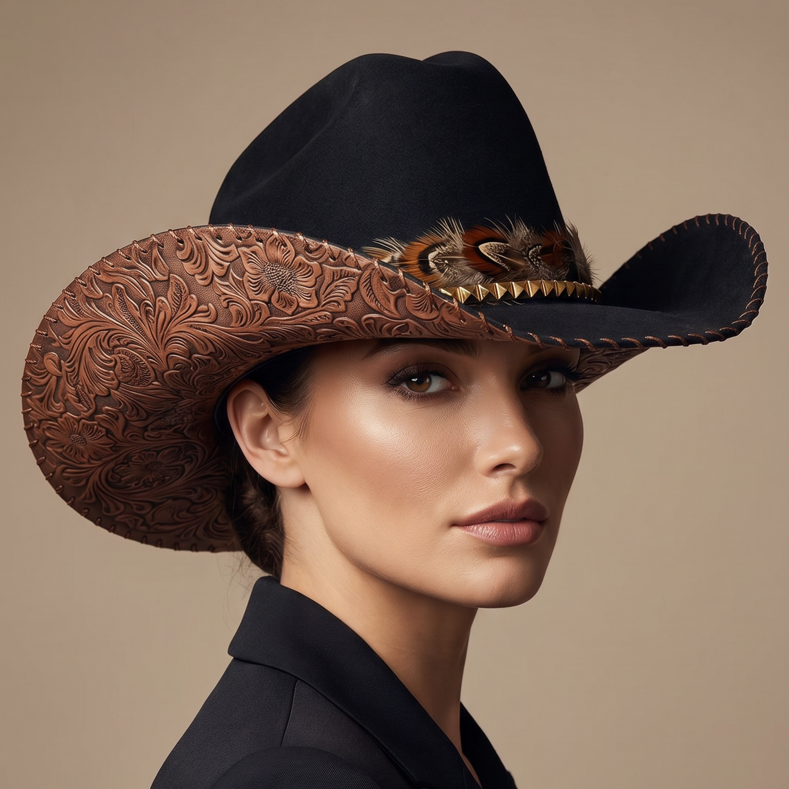 A woman in a black blazer wearing a black cowboy hat with a brown tooled brim and a decorative band, photographed against a plain beige studio background.