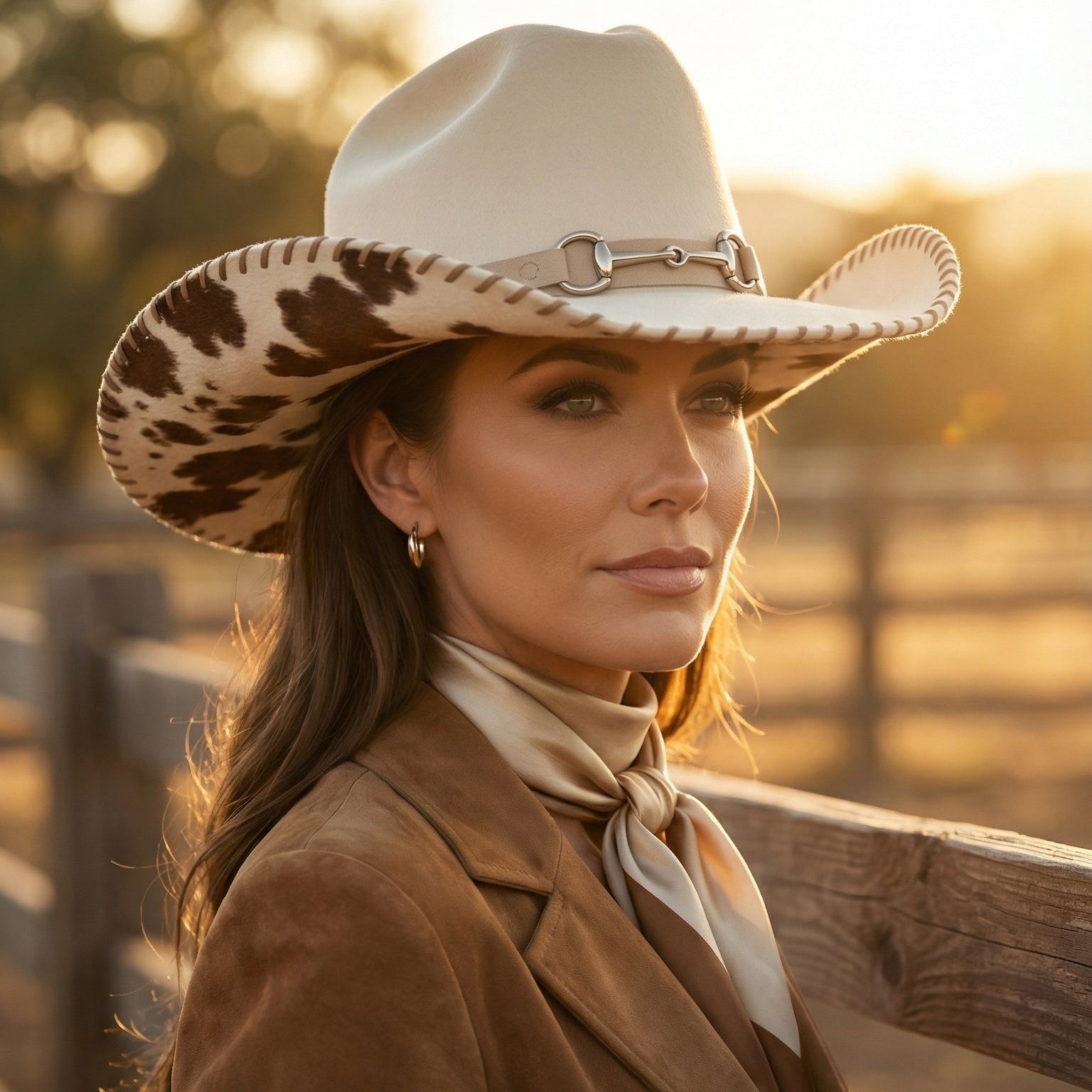 A woman in a brown jacket and cream neck scarf wears a cream cowboy hat with brown spots and a silver band, posed outdoors at sunset with a wooden fence in the background. Text at the bottom reads 'ARTISAN CRAFTED WESTERN HATS DEFINE YOUR AUTHENTIC STYLE.
